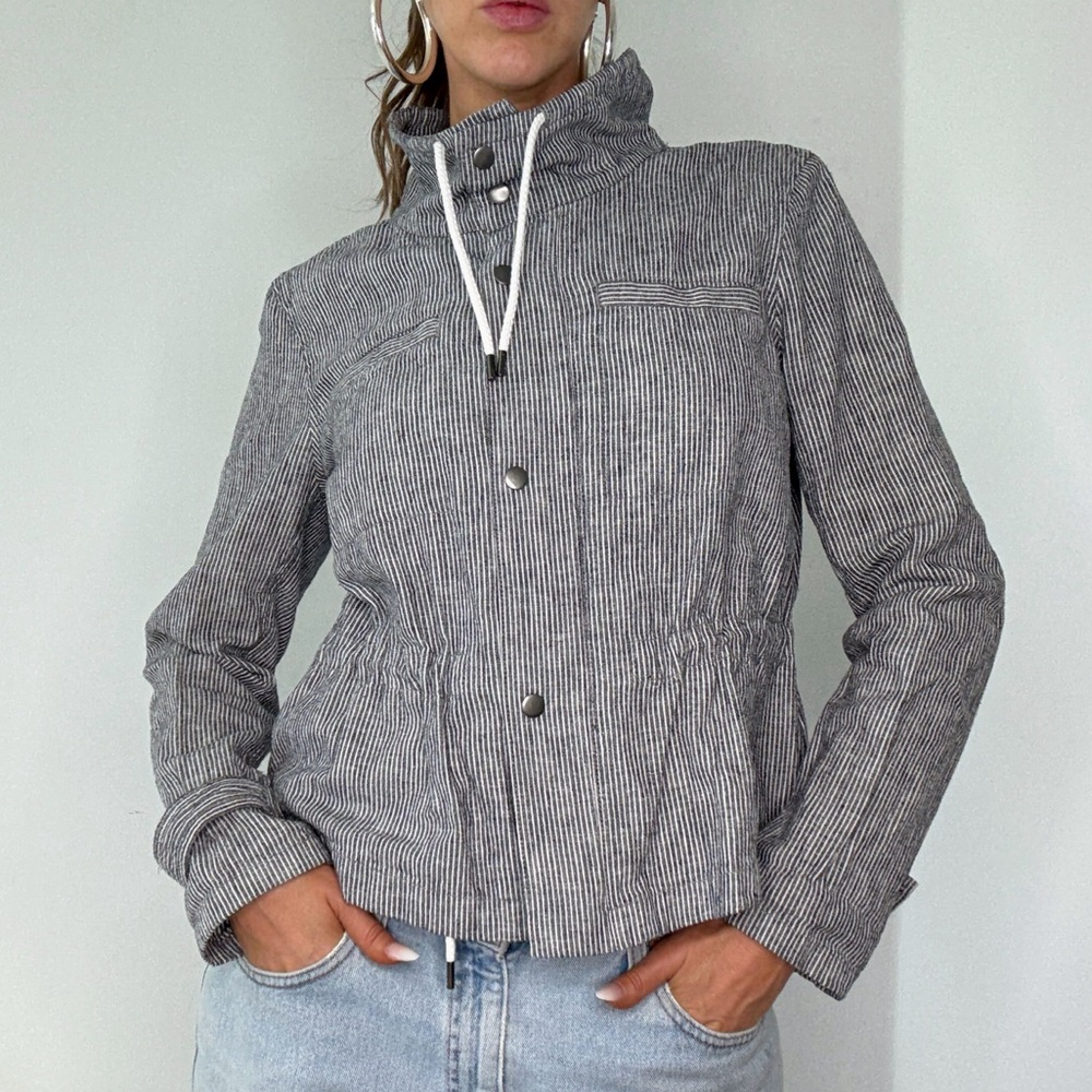 LOFT Navy Blue & White Striped Linen Jacket